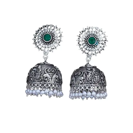 Indian Oxidized Jhumka Earrings for Women - Indian Floral Oxidized Jhumki Ethnic Chandbali Earrings Faux Pearls with Oxidized Platting Bollywood Style Dangle Earring Jewelry for Bride GREEN {1}