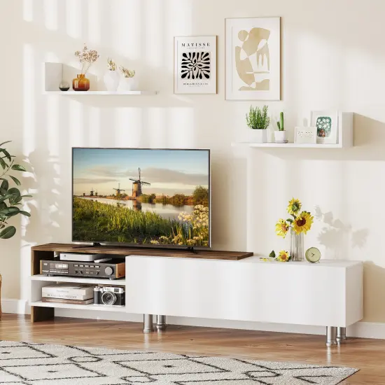 Modern Farmhouse TV Stand for 80&rdquo; TV with Wall-Mounted Shelves and Flip-Down Cabinet Storage {2}