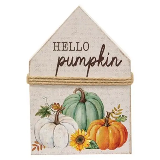 Hello Pumpkin Wooden House Sitter Fall Tabletop Decoration {1}