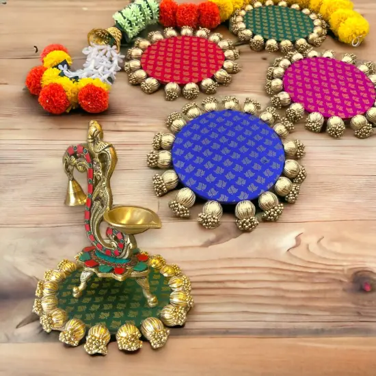 Reversible Patola Platter Brocade Fabric Handmade Centerpiece Mat-Floor Rangoli Diwali Housewarming Gift Home Temple Table Decor Mehendi Thaal Decor Puja Thali - Asan for God Goddess Green {2}