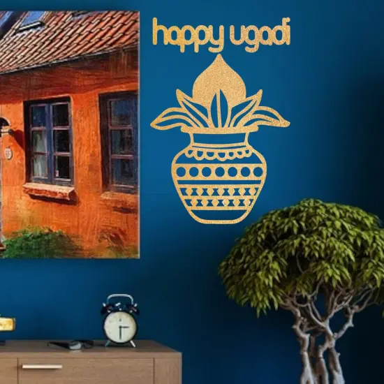 Ugadi Wall Decor Mangal Kalash Happy Ugadi Text Sticker Decorative Cutout Diy Indian Backdrop Traditional Telugu New Year Wall Decor Puja Mandir Ugadi Celebration Spiritual Gift Red {2}