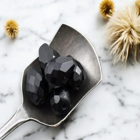 *16* 12x9mm Jet Black Fire Polished Faceted Teardrop Beads {5}