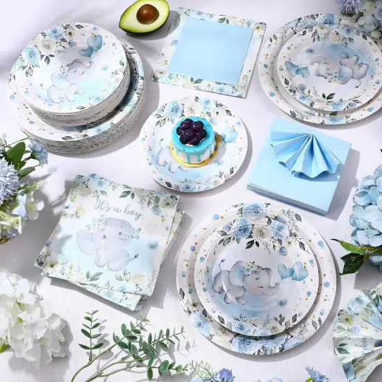 200-Piece Elephant Baby Shower Tableware Set &ndash; Serves 50 Guests (Boy) {5}