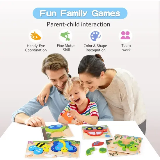 Magifire Wooden Puzzles, Set of 6 Montessori Style Toys for 12M+, Baby Wood Toys with Chunky Pieces with Bag - Butterfly, Bee, Woodpecker, Bear, Car, Turtle {3}