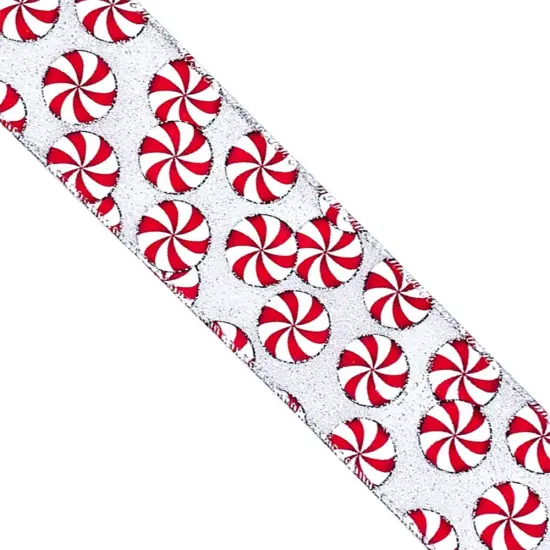 Designer&rsquo;s Shop WR 63-5212 Holiday Peppermint Candy Wired Edge Ribbon &ndash; 2.5" x 10 Yards, Silver Glitter Background {3}