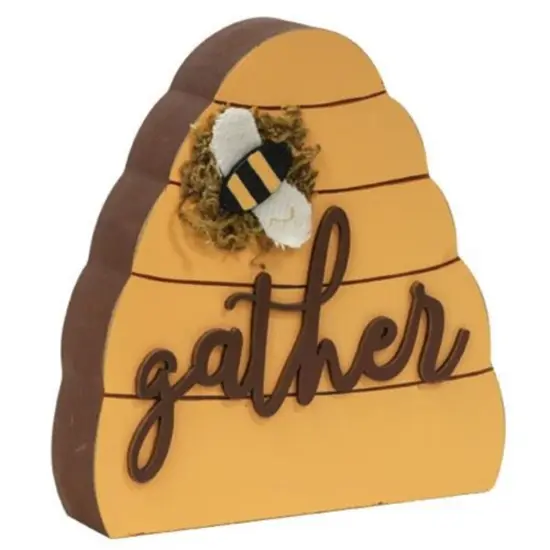 Wood Beehive Sitter with Bumblebee Accent, Freestanding Rustic Decor {1}