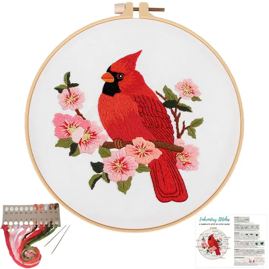 Louise Maelys Cardinal Embroidery Kits for Beginners with Bird Flower Pattern,Adults Starter Cross Stitch Kit DIY Needlepoint {1}