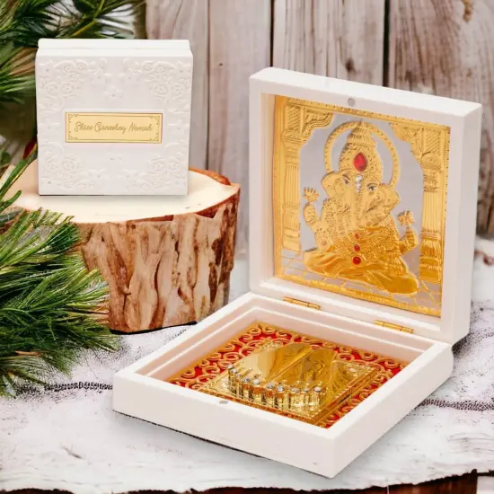Gold Plated Ganesha Photo Frame with Charan Paduka for Diwali Housewarming Indian Wedding Return Gift Worship Pooja Room Decor Hindu Religious Devotional Paduka Prayer Box Good Luck Gift {2}