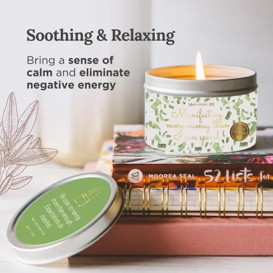 Magnificent 101 Long Lasting Affirmation Tin Candle with Sage & Clove Scented | 6 Oz - 30 Hour Burn | Made of Soy Wax for Abundance, Meditation, Manifestation | Manifesting More Money Than I Can Multicolor {4}