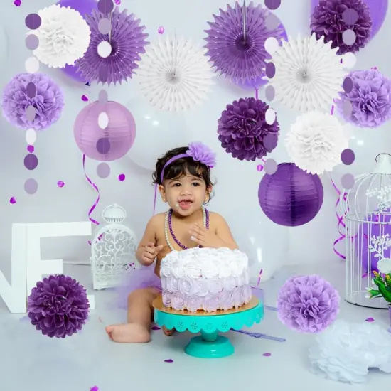 Purple White Lavender Party Decorations Paper Fans Paper Pom Pom Flowers Lanterns Baby Bridal Shower Wedding Bachelorette Graduation {3}