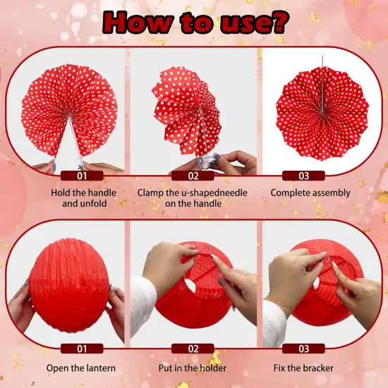 15Pcs Red Party Decorations Supplies Set, Hanging Red Paper Lanterns Paper Fans {4}