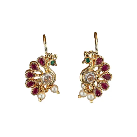Indian Peacock Earrings for Women - Indian Jhumka Earrings for Women Small Tops Earring in Golden Tone Faux Pearl Bollywood Style Dangle Earring Chandelier Jhumki Jewelry for Bride RubyGreen {1}