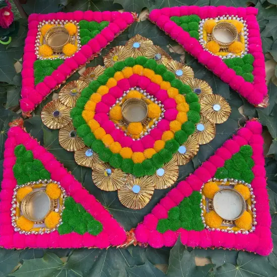 Rangoli Mat with Tea Light Candle Holder for Diwali Christmas Onam Pongal Decorations Pompom Rangoli Floor Home Temple Table Decor - Indian Traditional Deepawali Decoration (1 Pcs) {1}