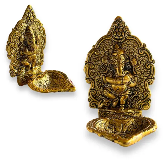Ganesha Brass Finish Diya for Puja God Ganesh Idol Oil Lamp Deepam Akhand Jyot Kuber Deepak Diwali Home Decorations Mandir Temple Decor Vilakku Deepawali Housewarming Wedding Return Gifts {4}