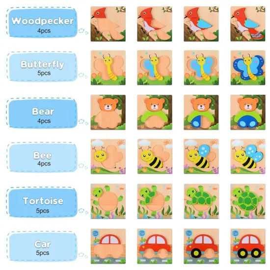 Magifire Wooden Puzzles, Set of 6 Montessori Style Toys for 12M+, Baby Wood Toys with Chunky Pieces with Bag - Butterfly, Bee, Woodpecker, Bear, Car, Turtle {4}