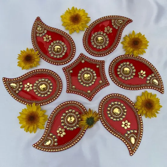 Acrylic Rangoli Set Indian Traditional Handmade Reusable Paisley Design Rangoli Diwali Navratri Home Temple Decor Floor Table Decoration - Deepawali Wedding Housewarming Gift (12 Inches) Mango {4}