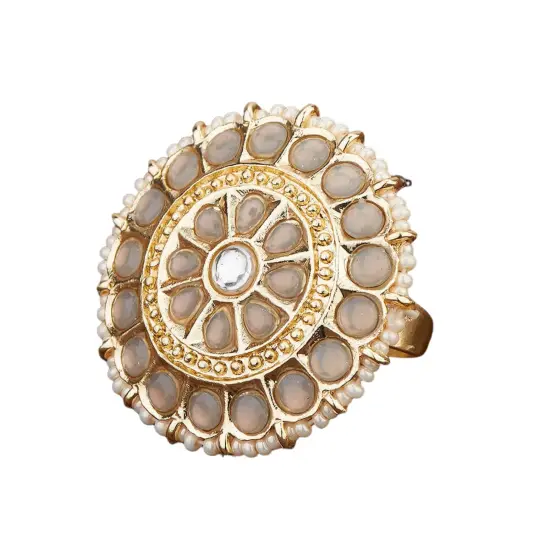 Kundan Pearl Ring with Gold Plating Vintage Round Statement Ring for Women Boho Open Wrap Finger Rings Adjustable Indian Bollywood Jewelry Hand Accessories for Wedding Party Gift Grey {1}