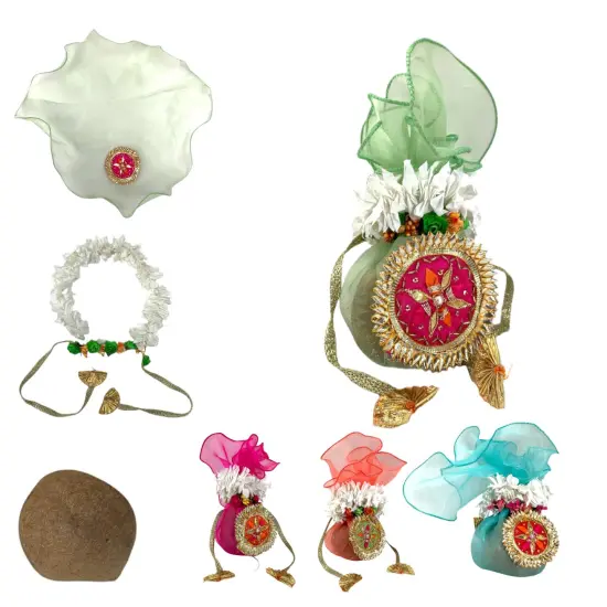 Decorative Dried Coconut Cover Traditional Nariyal Fabric Cloth with Golden Ribbon for Ganesh Pooja, Wedding, Gruh Pravesh Temple Pooja Decor Housewarming Gift Blue {5}