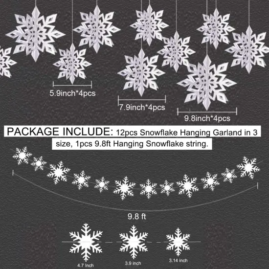 12PCS Snowflakes Garland & 12PCS 3D Glittery Snowflake Decor - White {3}