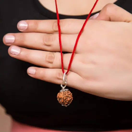 Certified Rudraksha Pendant Mala Prayer Bead Handmade Astrological Shiva Necklace Jewelry for Men Women 3 to 6 Mukhi Rudraksh with Silver Plated on Red Cotton Cord {3}