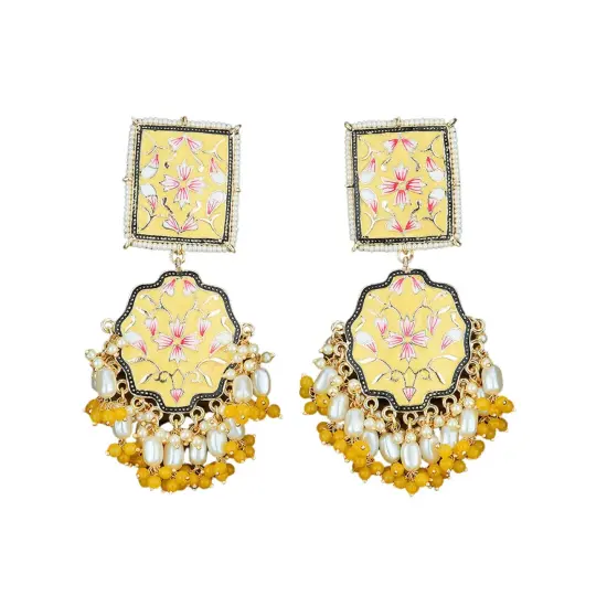 Oversized Indian Jhumka Earrings &ndash; Square Stud Jhumki, Ethnic Chandbali with Floral Print & Faux Pearls &ndash; Bollywood Dangle Jewelry for Women, Bride & Birthday Gift RANI {6}