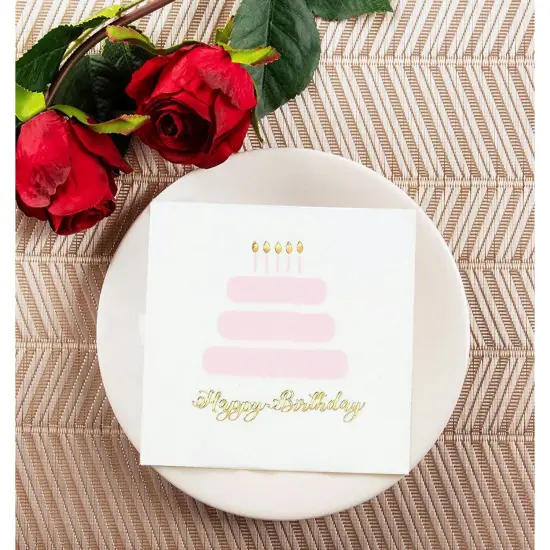50 Pack Light Pink Happy Birthday Cocktail Napkins for Women with Gold Foil Accents, 3-Ply (5 x 5 In) White {3}