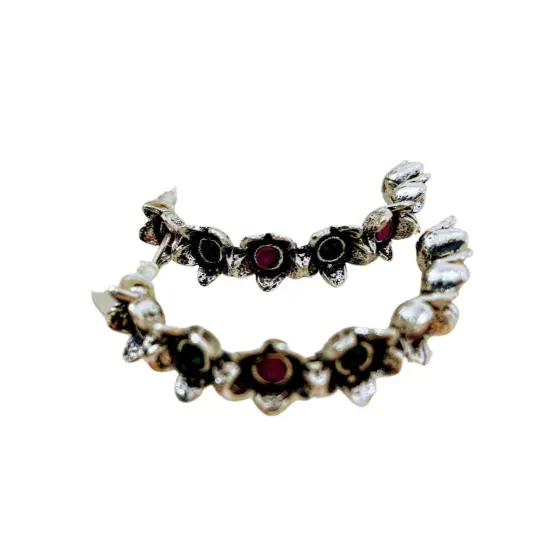 Indian Oxidized Half-Hoop Earrings for Women - Oxidized Flower Huggie Hoop Earrings Bohemian Inspired Half-Circle Design Bollywood Style Ear Jewellery for Bridesmaid | Birthday Gift for Her {3}