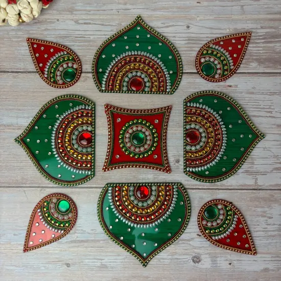 Diwali Acrylic Rangoli Set Decorative Pooja Floor Rangoli with Studded Stones Indian Traditional Multicolor Handmade Reusable Rangoli Set Festive Home Decor Housewarming Gift {5}