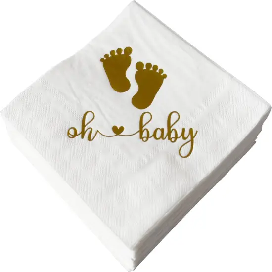 Pack of 50 Baby Shower Oh Baby Napkins 3 Ply (White & Gold) {1}