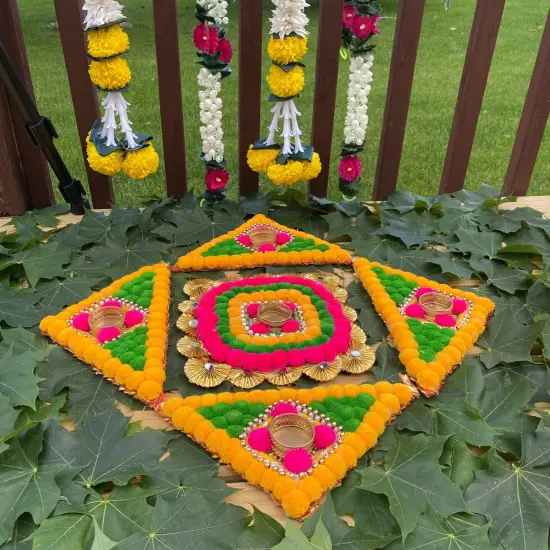 Rangoli Mat with Tea Light Candle Holder for Diwali Christmas Onam Pongal Decorations Pompom Rangoli Floor Home Temple Table Decor - Indian Traditional Deepawali Decoration (1 Pcs) {6}