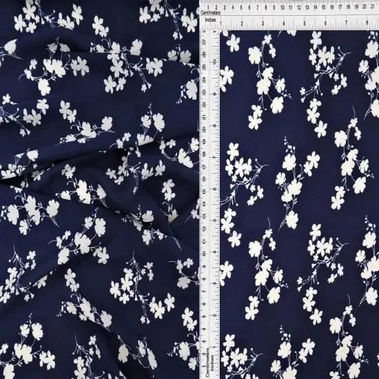 1 Yard Wool Dobby Floral Print Fabric, 58/59&Prime; Wide 100% Polyester NAVY {1}