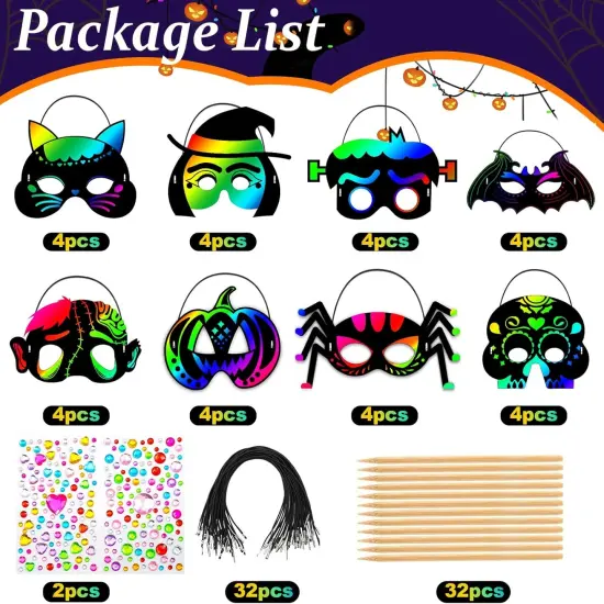32Pcs Halloween Crafts for Kids Rainbow Scratch Mask {3}