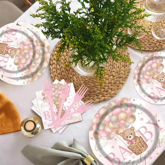 96Pcs Bear Baby Shower Party Tableware (Pink) {4}