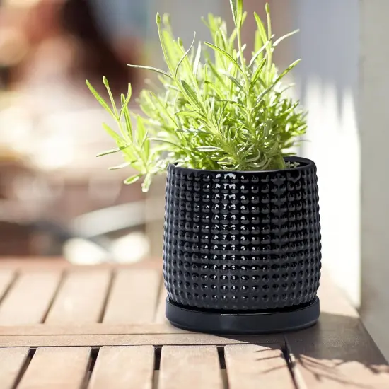 Set of 2 Ceramic 4 Inch Ceramic Beaded Stoneware Pots (Glossy Black) {5}