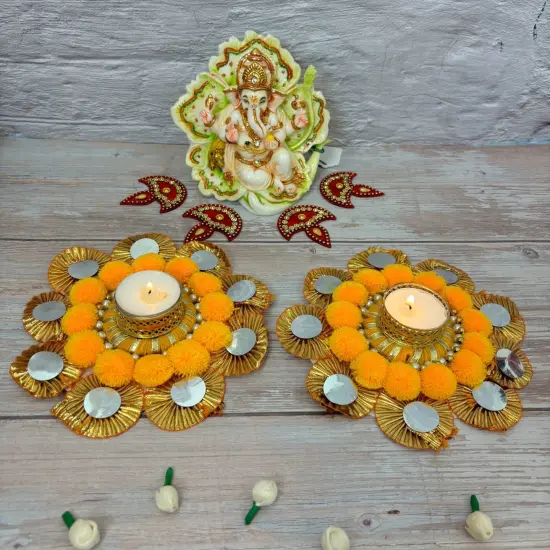 2 Ct Rangoli Mat with Tea Light Candle Holder for Diwali Christmas Onam Pongal Decorations Pompom Rangoli Floor Home Temple Table Decor - Indian Traditional Deepawali Housewarming Gift (2 Pcs) {4}