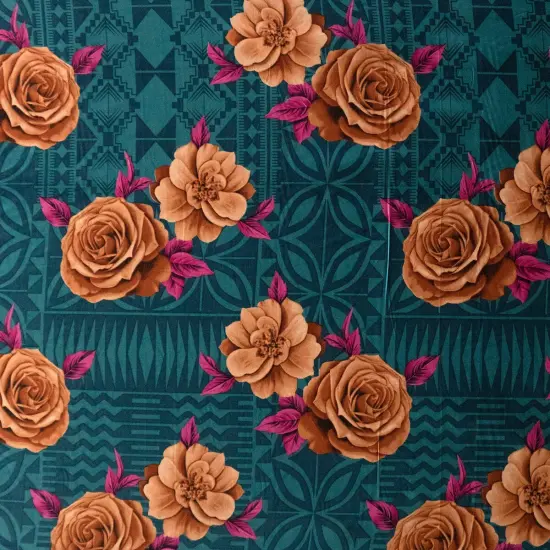 1 Yard Polynesian Rose Geometric Peachskin Fabric with Floral Border Print 44/45 Inches Width Royal {5}