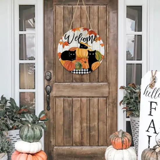 Welcome Fall Black Cat Door Sign Pumpkin Maple Leaf {3}