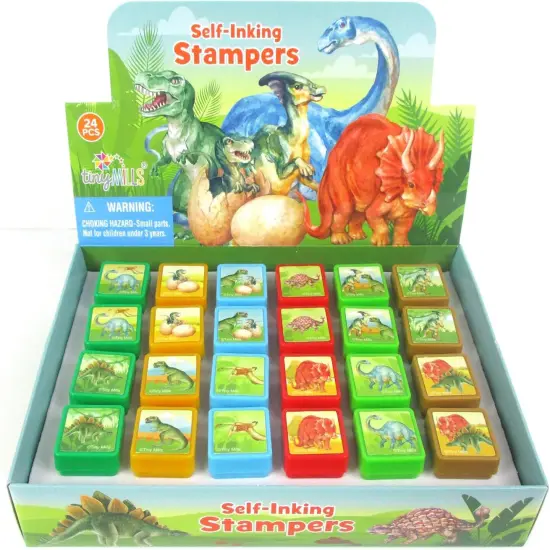 TINYMILLS Jurassic Dinosaur Stamps for Kids, 24 Pcs, Self Ink, Birthday Party Favors, Goody Bag Fillers {1}