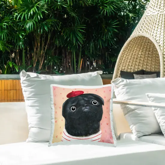 Happy Pug In Paris Outdoor Printed Pillow Design by Leeza Hernandez, 18 x 7 x 18 {2}