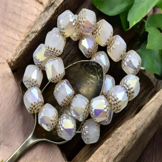*10* 10mm Platinum Washed Milky Crystal AB Fire Polished Cathedral Beads {4}