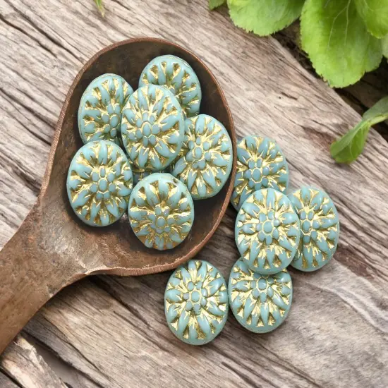 *12* 15mm Gold Washed Turquoise Dahlia Flower Coin Beads {4}