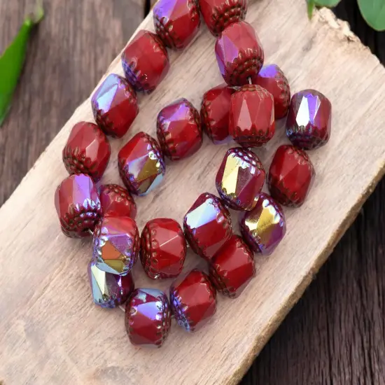 *10* 10mm Gold Washed Opaque Red AB Fire Polished Cathedral Beads {2}