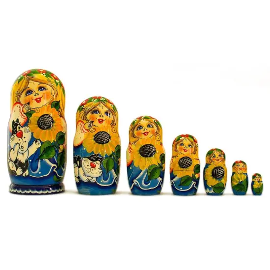 Set of 7 Girls with Cat in Blue Dress Nesting Dolls 8.5 Inches {1}