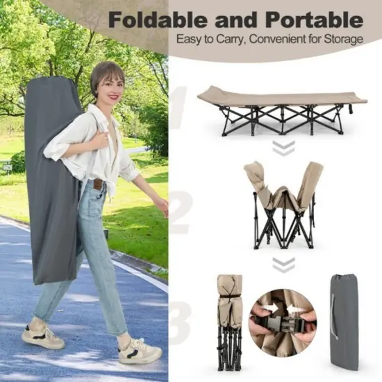 Folding Camping Cot with Carry Bag Cushion and Headrest Khakhi {5}