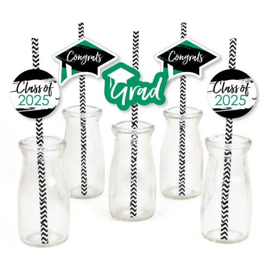 Big Dot of Happiness Green 2025 Graduation Paper Straw Decor - Party Striped Decorative Straws - Set of 24 {1}