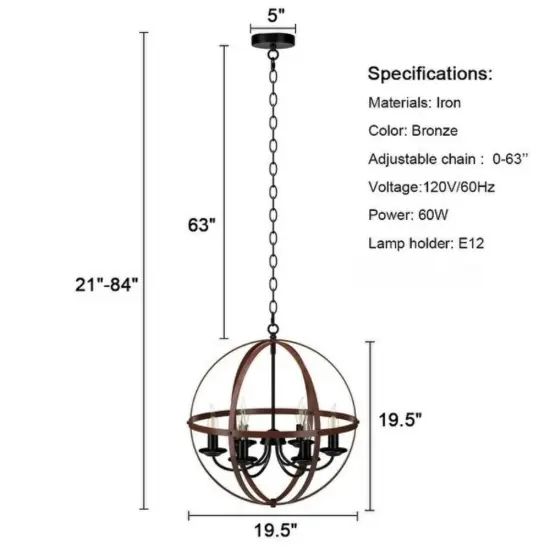 6-Light Orb Chandelier Rustic Vintage Ceiling Lamp {6}