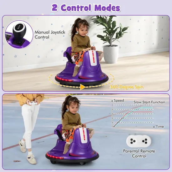 12V Kids Ride On Bumper Car with Remote Control Lights and Music Purple {2}