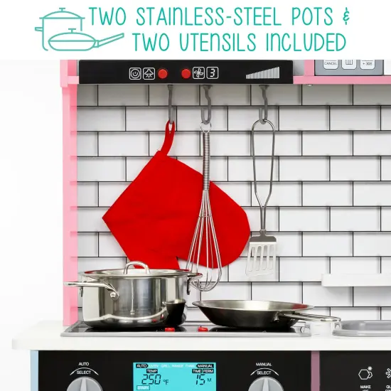 Lil' Jumbl Small Wooden Pretend Play Kitchen Set for Kids with Stovetop, Oven, and Interactive Features Pink {4}