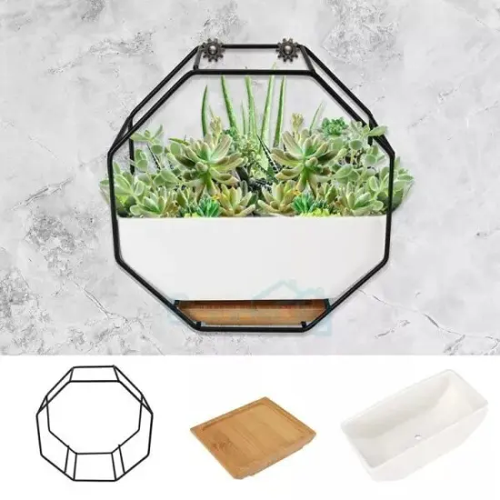 Flower Vase Hanging Planter Geometric Decor Mirrored Container with Bamboo Tray {5}