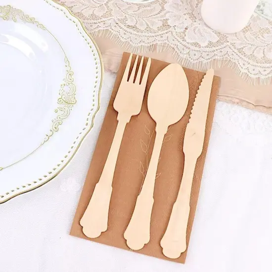 24 Natural Birchwood CUTLERY Set Baroque Design Spoons Forks Knives Party Events {4}